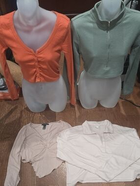 4 Foreve 21 Medium Tops - Orange Ruched, Green Cropped, Toupe V Hem, Beige V Nec
